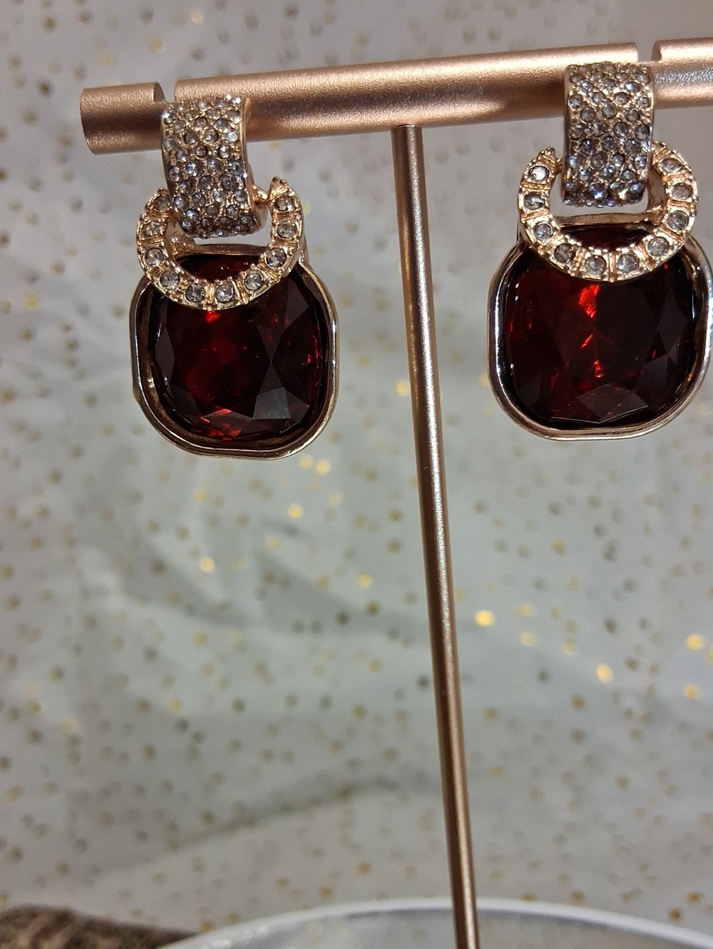 Gold-Tone Cranberry Crystal Drop Earrings
